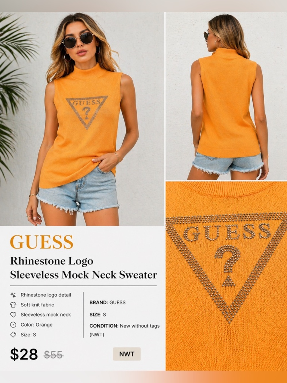 GUESS Rhinestone Logo Sleeveless Mock Neck Sweater – Size S – NWT - Picture 1 of 7